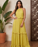 Vestido Longo Soltinho Com Babados E Saia Em Camadas