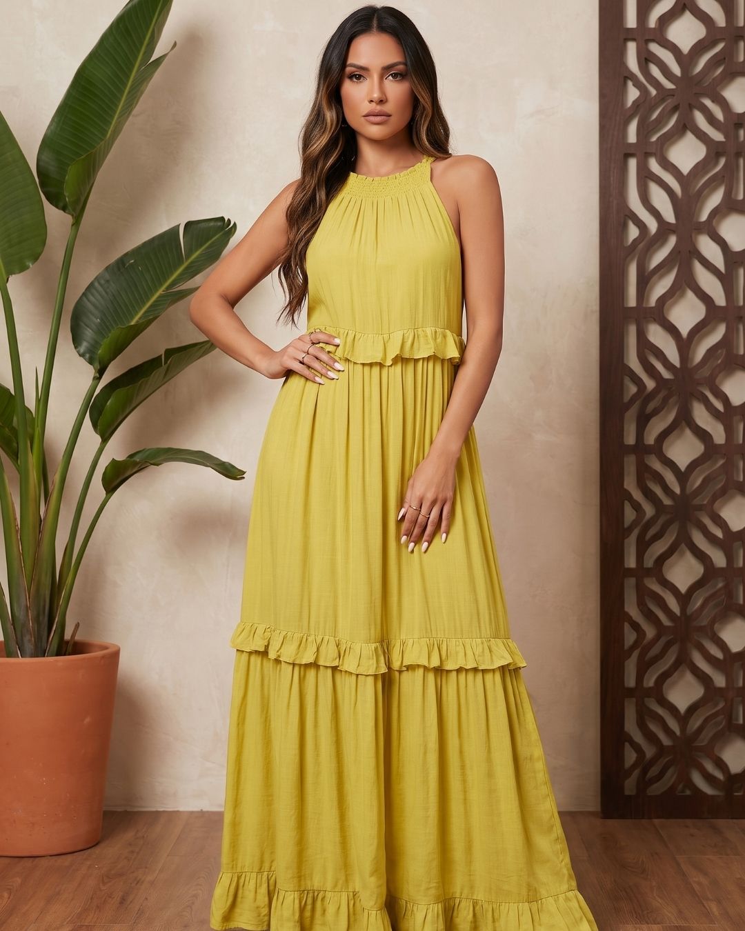 Vestido Longo Soltinho Com Babados E Saia Em Camadas