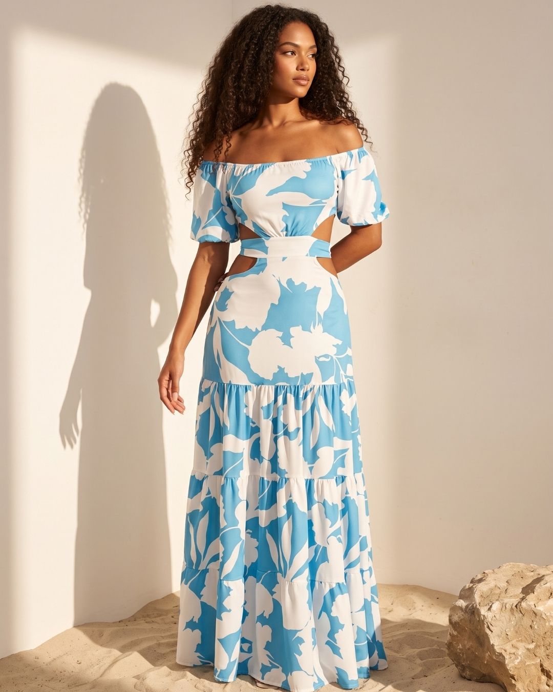 Vestido Longo Ombro A Ombro Com Recortes E Babados Floral
