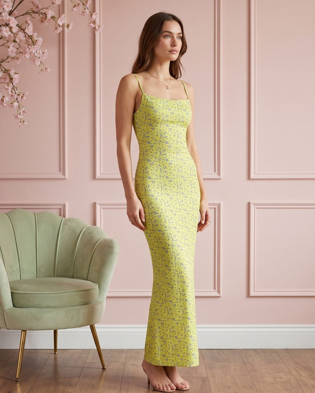 Vestido Longo Justo Alça Fina Decote Quadrado Estampa Floral