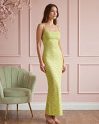 Vestido Longo Justo Alça Fina Decote Quadrado Estampa Floral