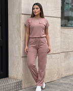 Conjunto Blusa Manga Curta E Calça Reta Com Bolsos Casual
