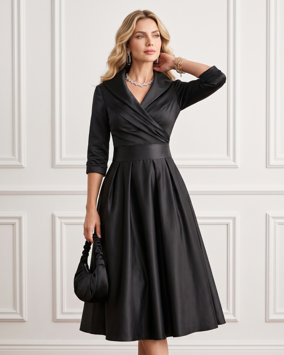 Vestido Midi Rodado Com Gola Lapela E Decote Transpassado