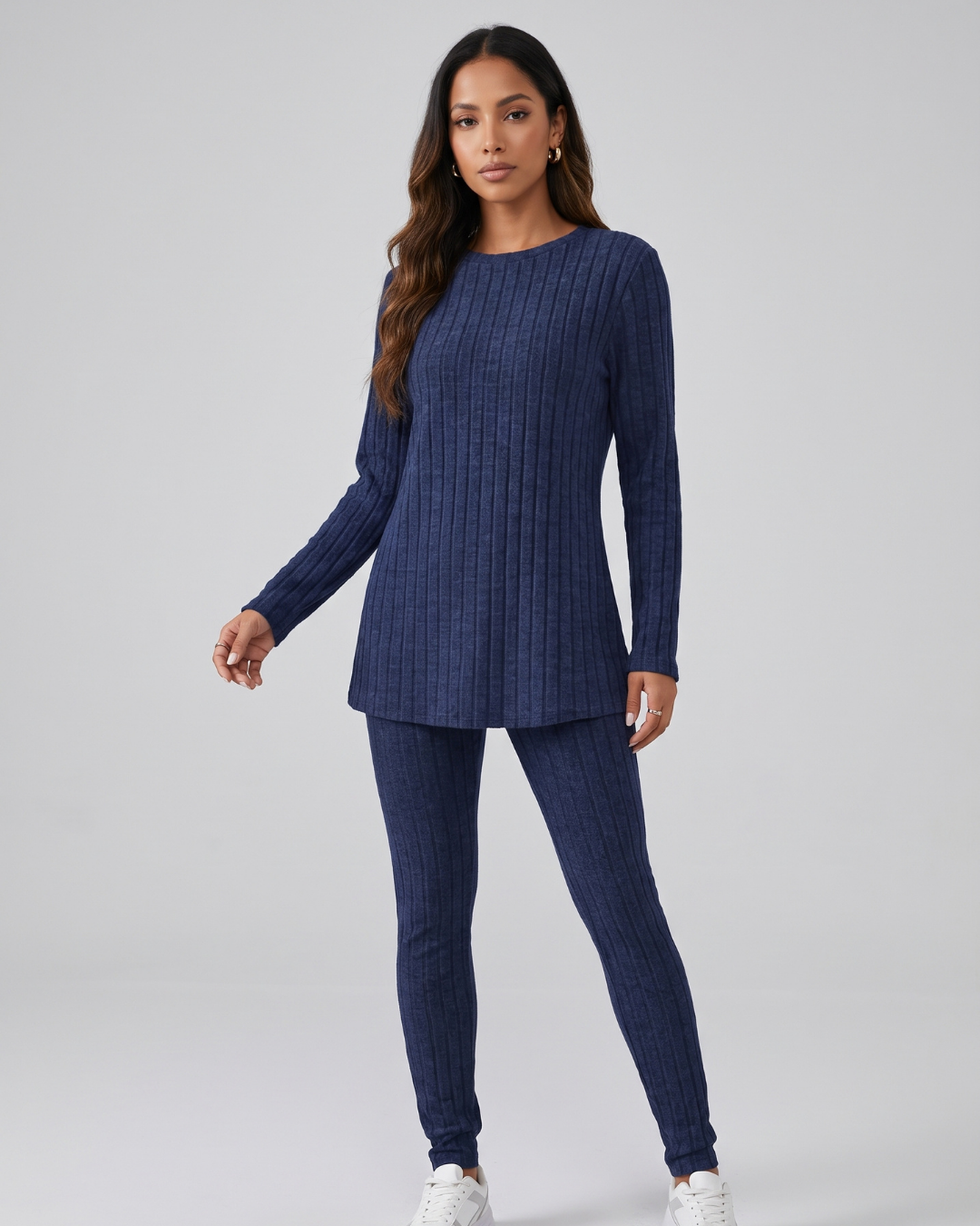 Conjunto Blusa Canelada Manga Longa E Calça Legging Casual