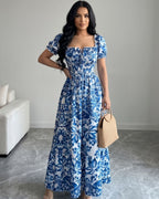 Vestido Longo Floral Com Lastex E Decote Quadrado