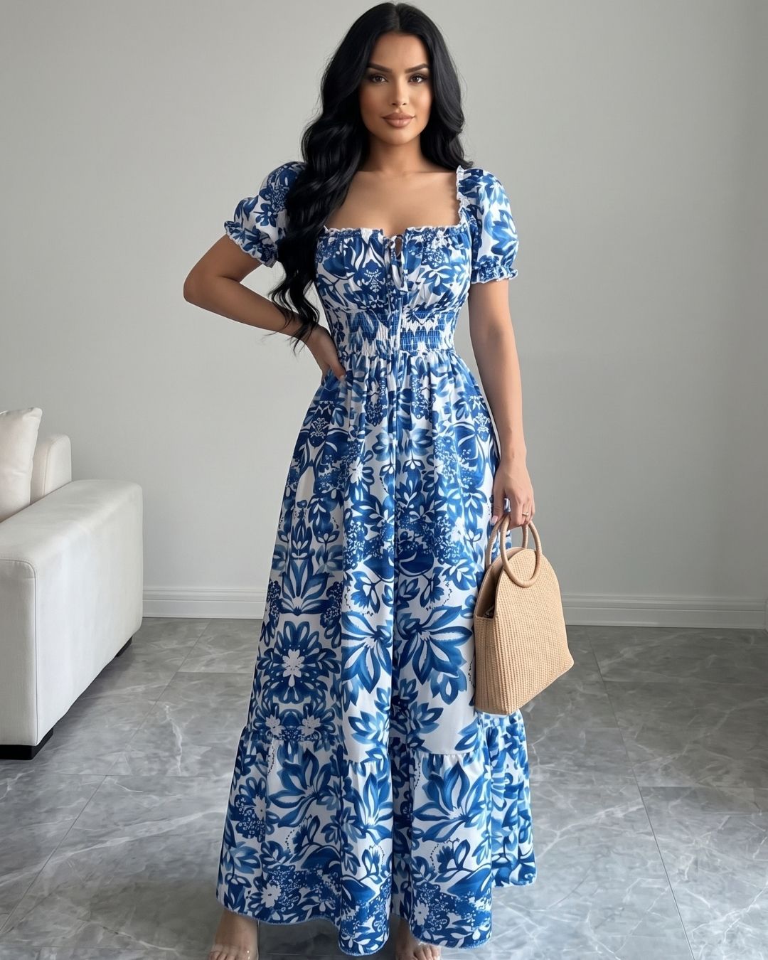 Vestido Longo Floral Com Lastex E Decote Quadrado