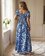Vestido Longo Floral Com Decote Quadrado E Corpo Lastex