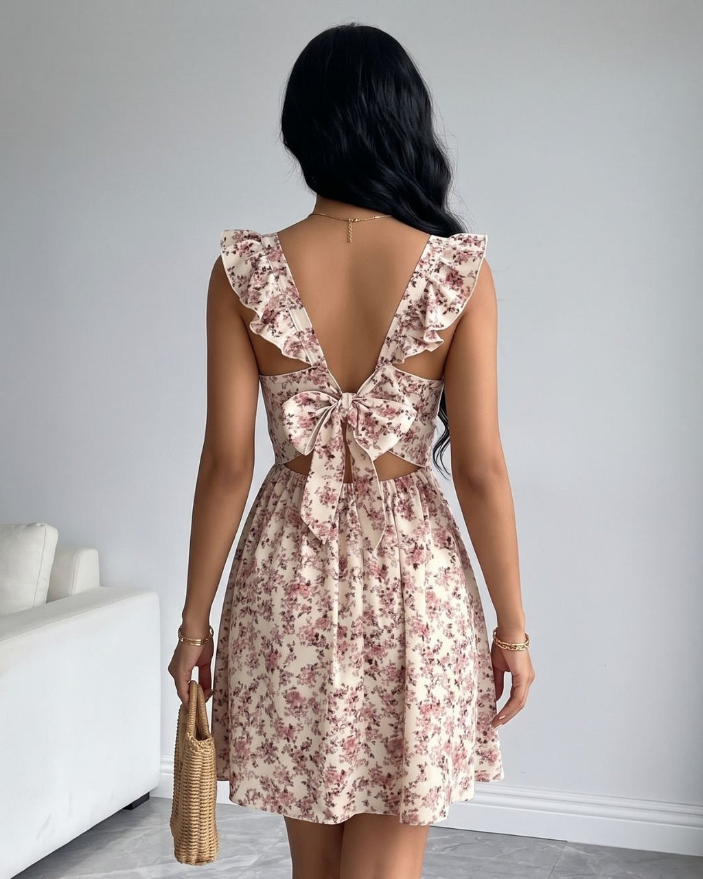 Vestido Curto Floral Com Babados E Amarração Nas Costas