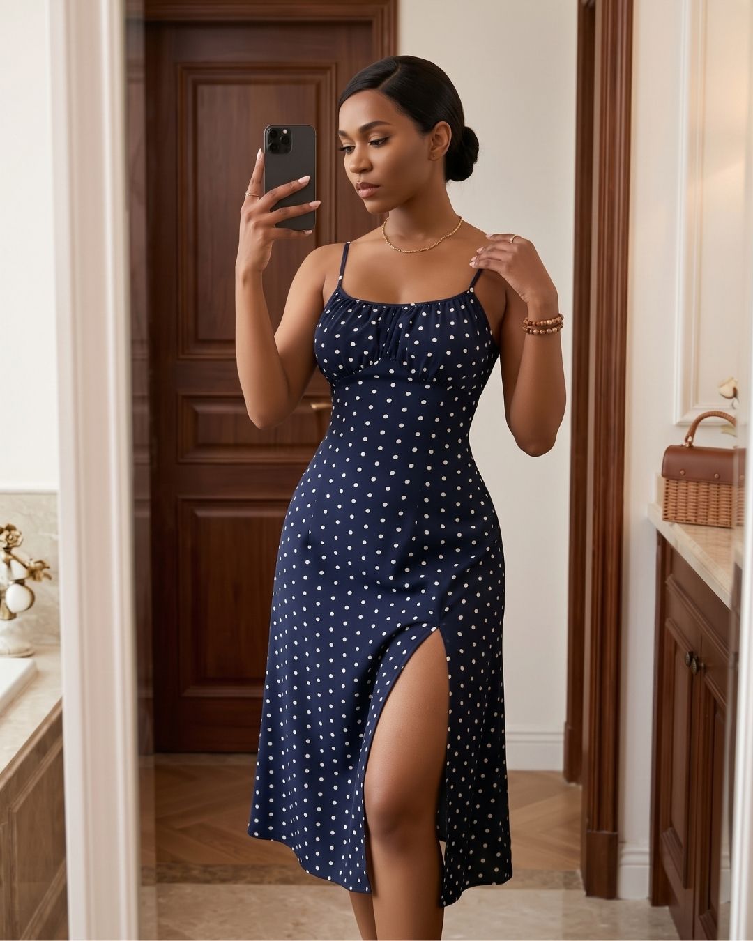 Vestido Midi Acinturado Alça Fina Com Fenda Poá Elegante