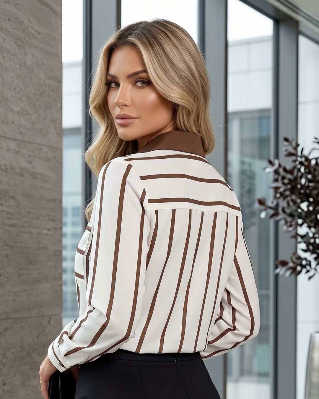 Camisa Feminina Listrada Com Bolsos Frontais Elegante