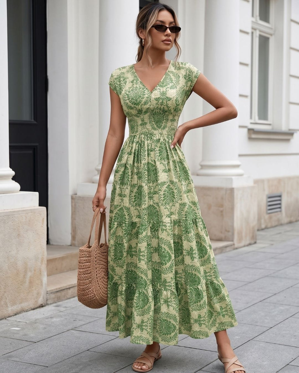 Vestido Longo Estampado Com Decote V E Cintura Marcada