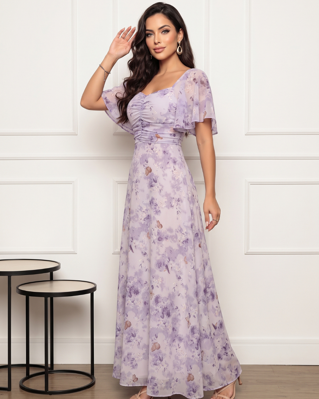 Vestido Longo Floral Com Decote Quadrado E Manga Fluida