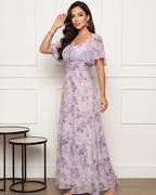 Vestido Longo Floral Com Decote Quadrado E Manga Fluida