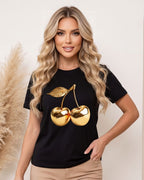 Camiseta Feminina Casual Com Estampa Cereja Metalizada
