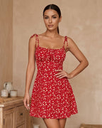 Vestido Curto Floral Evasê Com Alças De Amarração E Decote Franzido