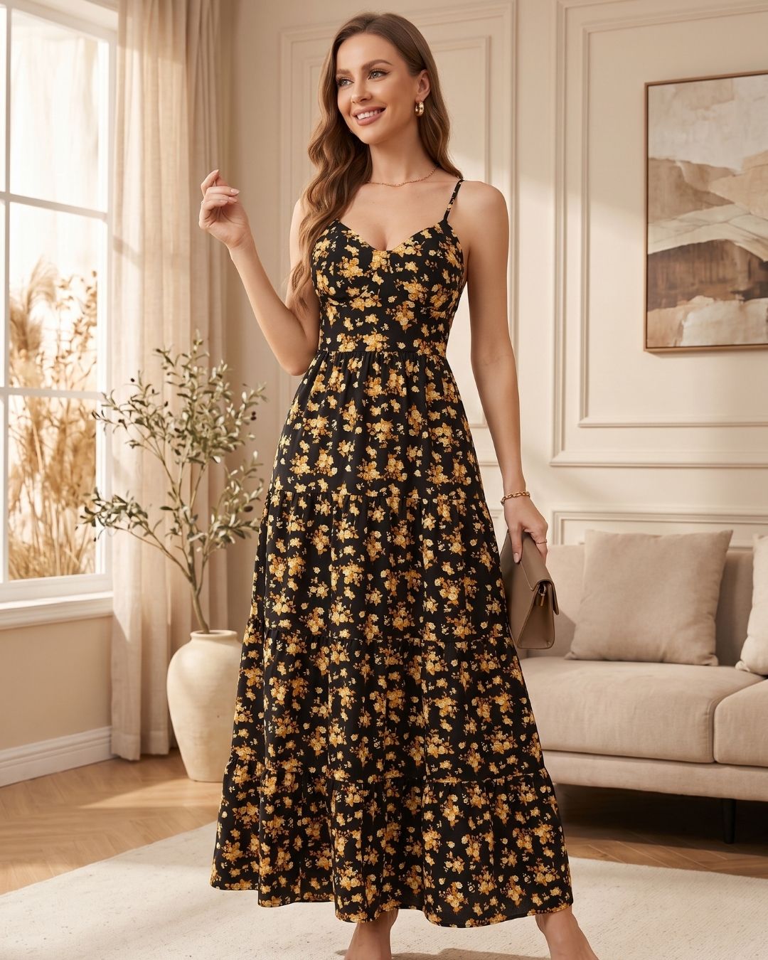 Vestido Longo Evasê Alça Fina Com Laço Nas Costas Floral
