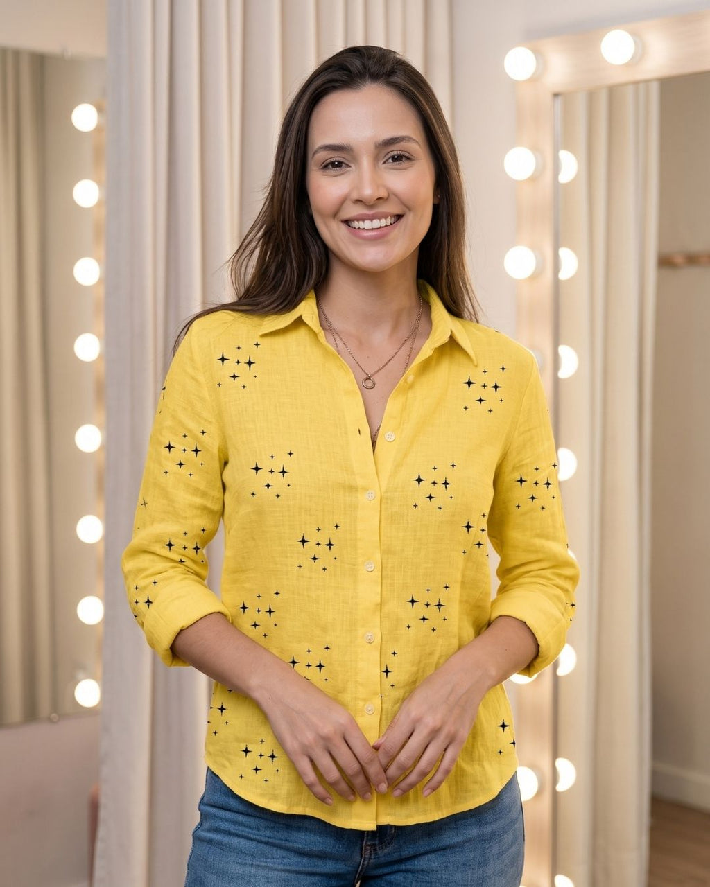 Camisa Feminina Casual Manga Longa Com Botões E Gola