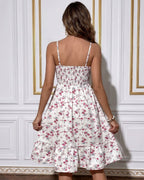Vestido Curto Evasê Alça Fina Com Lastex E Estampa Floral