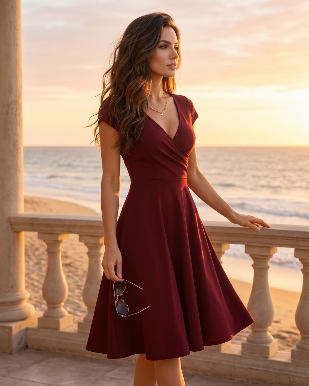 Vestido Midi Evasê Com Decote Transpassado E Manga Curta