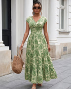 Vestido Longo Estampado Com Decote V E Cintura Marcada