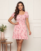 Vestido Curto Floral Com Lastex E Manga Bufante