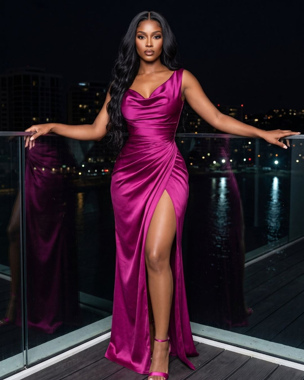 Vestido Longo Justo Decote Degagê Drapeado Com Fenda Elegante