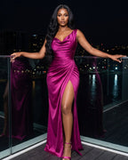 Vestido Longo Justo Decote Degagê Drapeado Com Fenda Elegante