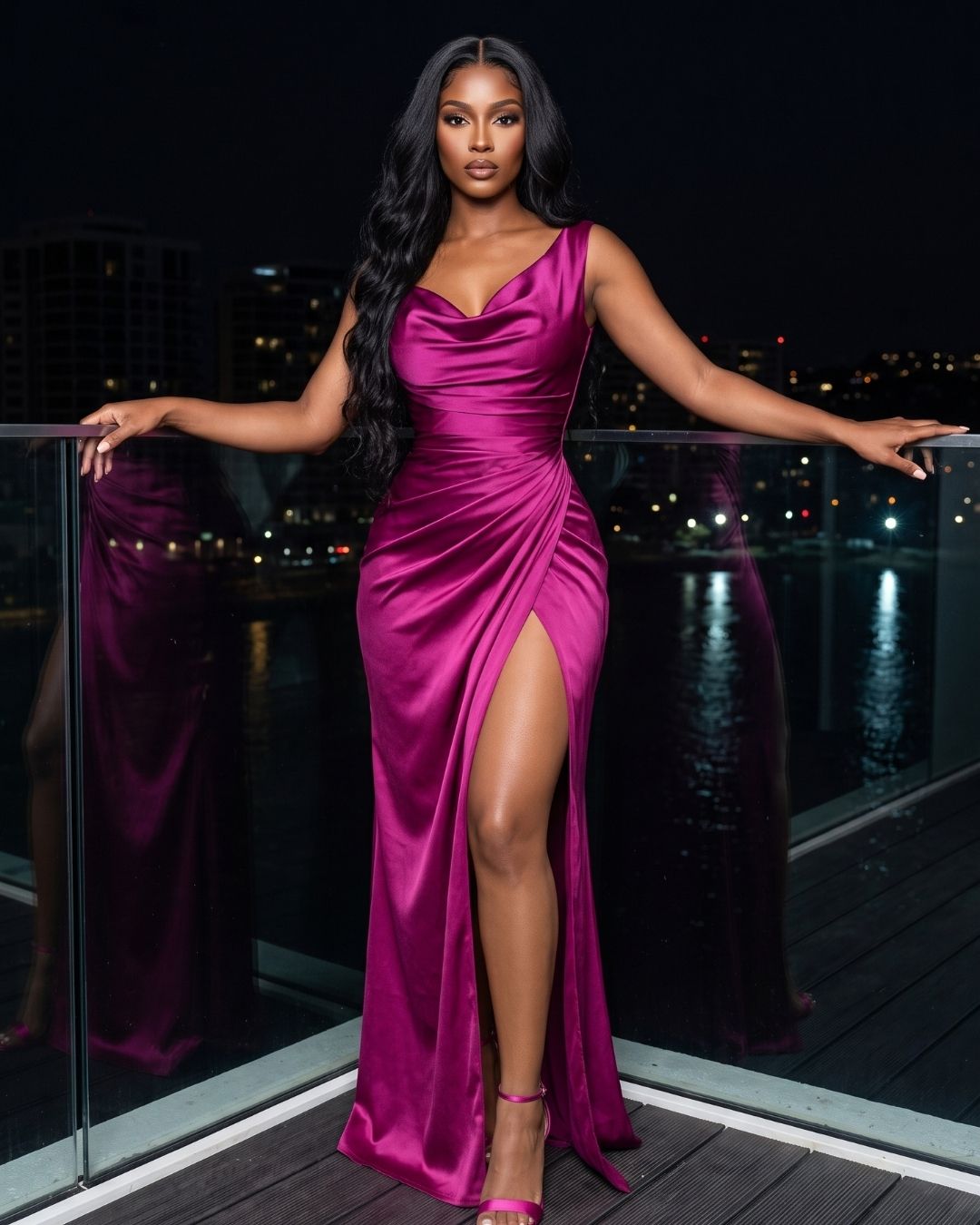 Vestido Longo Justo Decote Degagê Drapeado Com Fenda Elegante