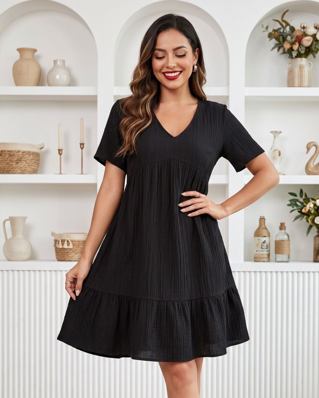 Vestido Curto Soltinho Com Decote V E Babado Na Barra