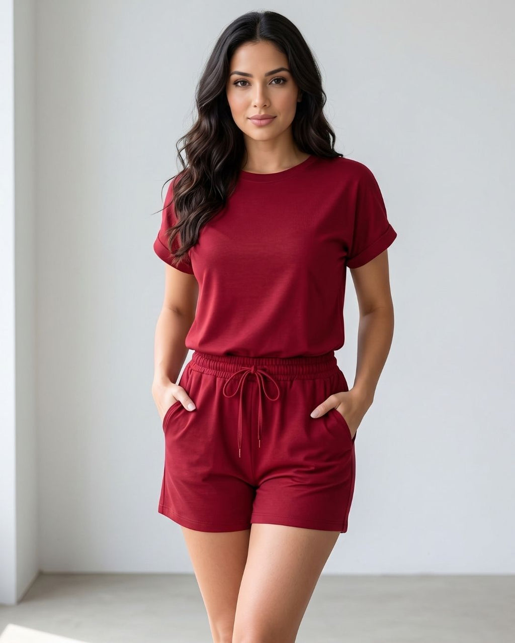 Conjunto Blusa Manga Curta E Short Com Cordão E Bolsos Casual