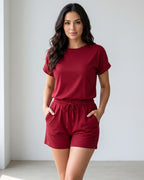 Conjunto Blusa Manga Curta E Short Com Cordão E Bolsos Casual