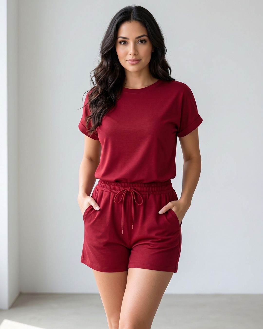 Conjunto Blusa Manga Curta E Short Com Cordão E Bolsos Casual