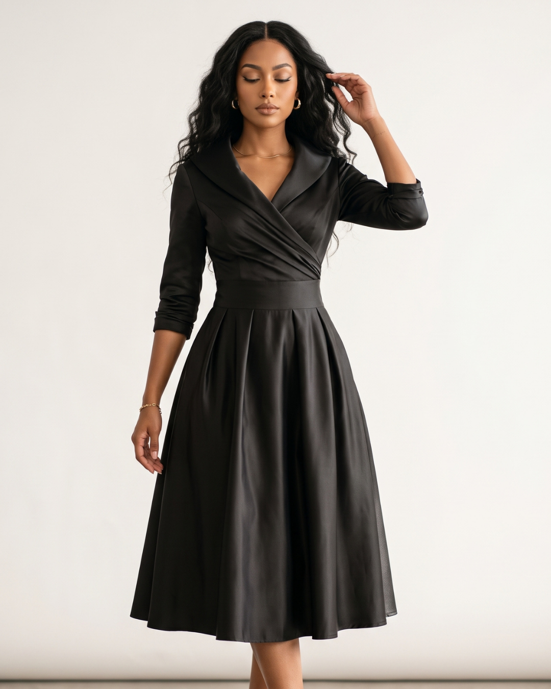 Vestido Midi Rodado Com Gola Lapela E Decote Transpassado