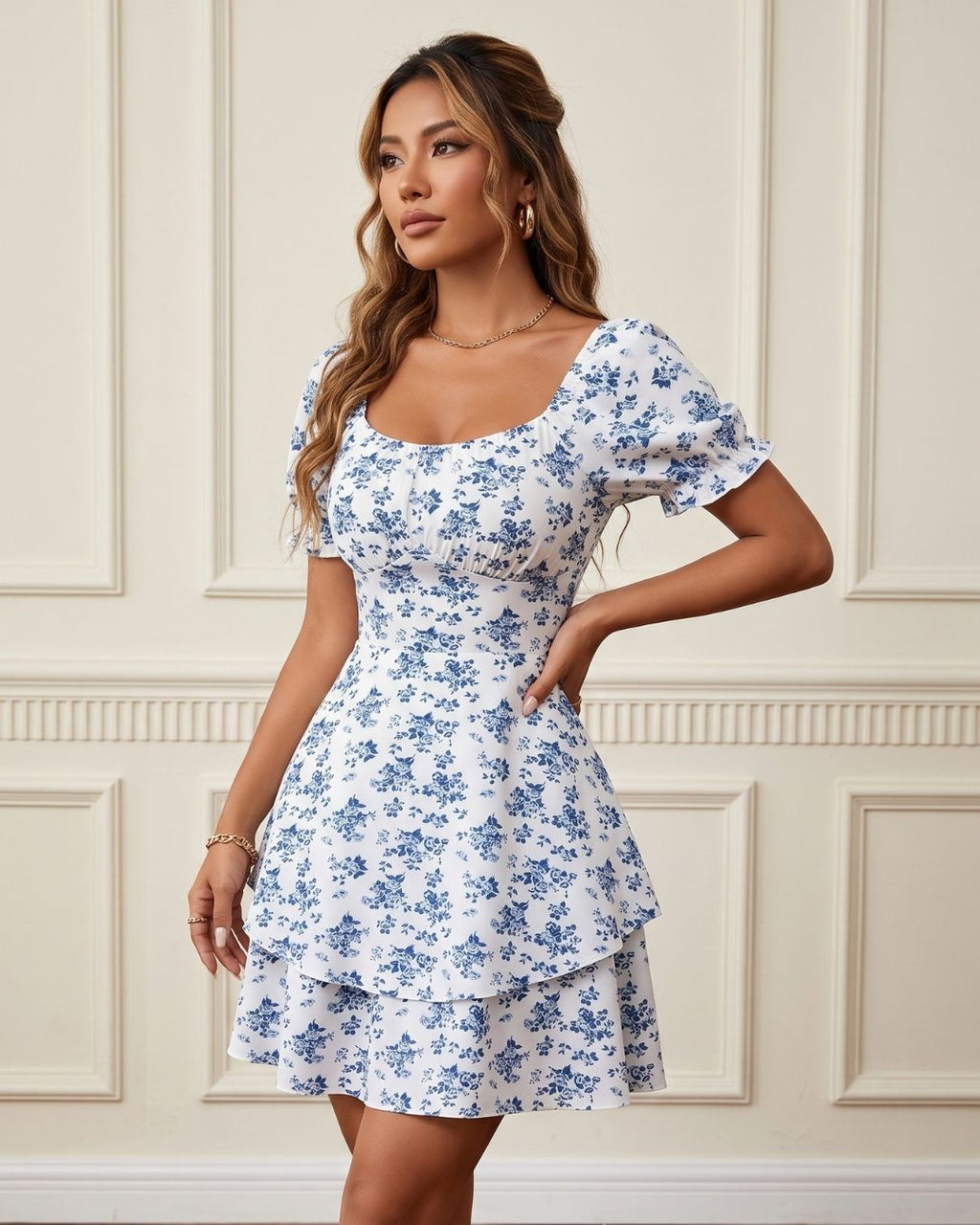 Vestido Curto Floral Com Manga Bufante E Saia Em Camadas