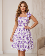 Vestido Curto Floral Rodado Com Alças De Laço E Lastex