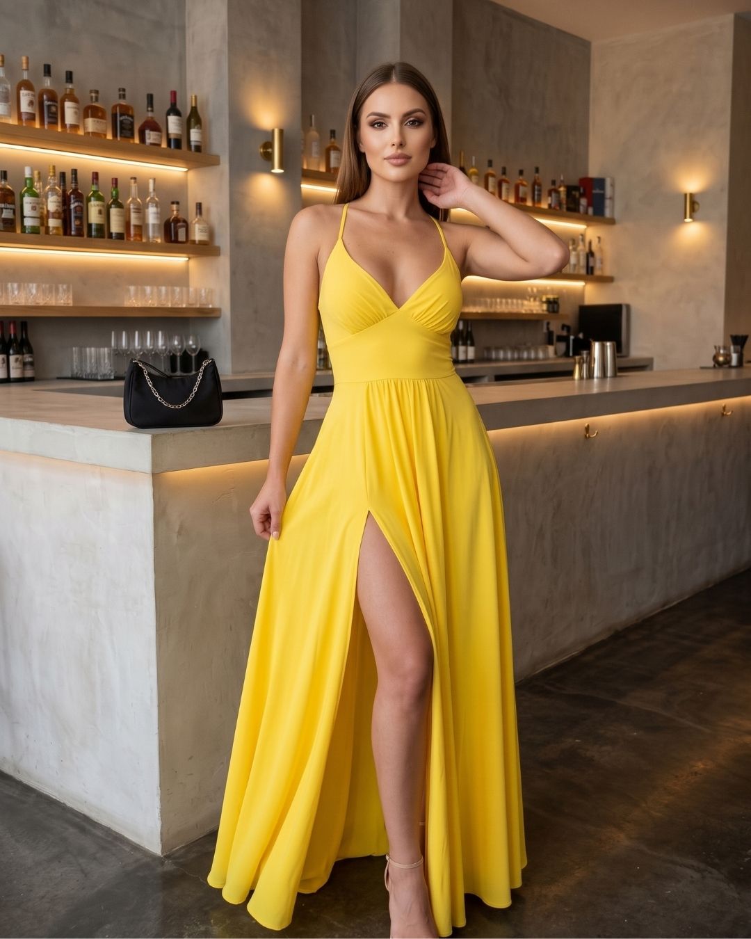 Vestido Longo Acetinado Com Alças Cruzadas E Fenda