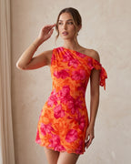 Vestido Curto Justo Ombro Único Drapeado Com Estampa Floral