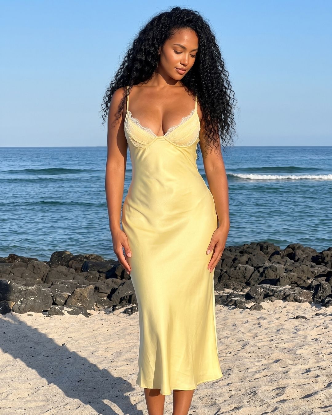 Vestido Midi Acetinado Com Decote V E Alças Finas
