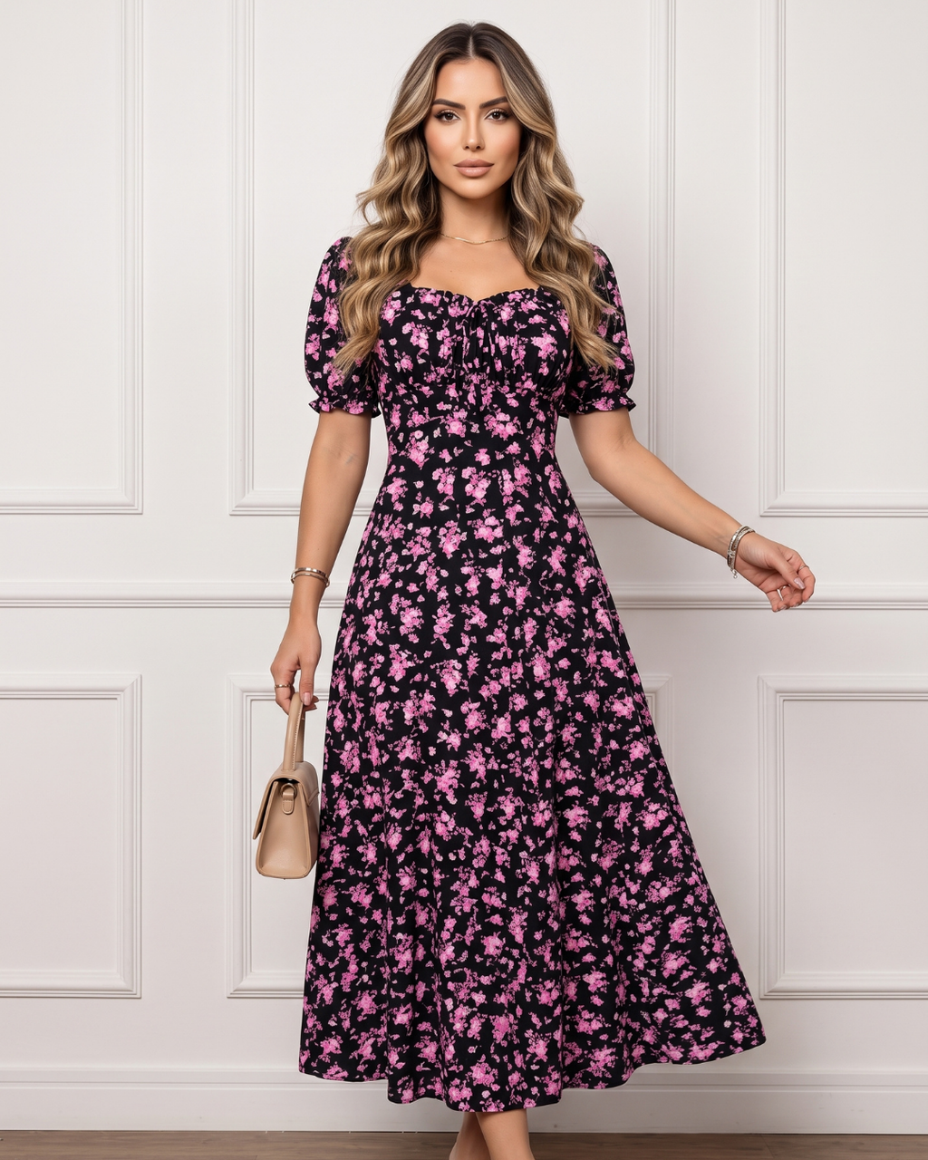 Vestido Longo Floral Com Cintura Marcada E Decote Reto