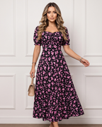 Vestido Longo Floral Com Cintura Marcada E Decote Reto