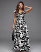Vestido Longo Estampado Com Decote V E Saia Evasê
