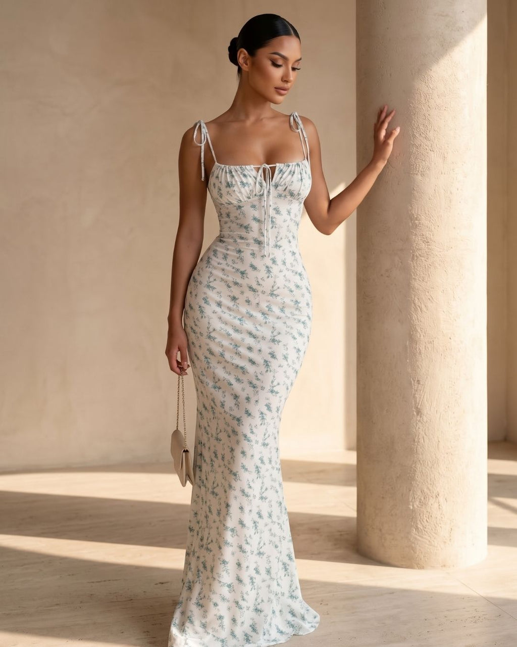 Vestido Midi Floral Com Fenda E Decote Franzido