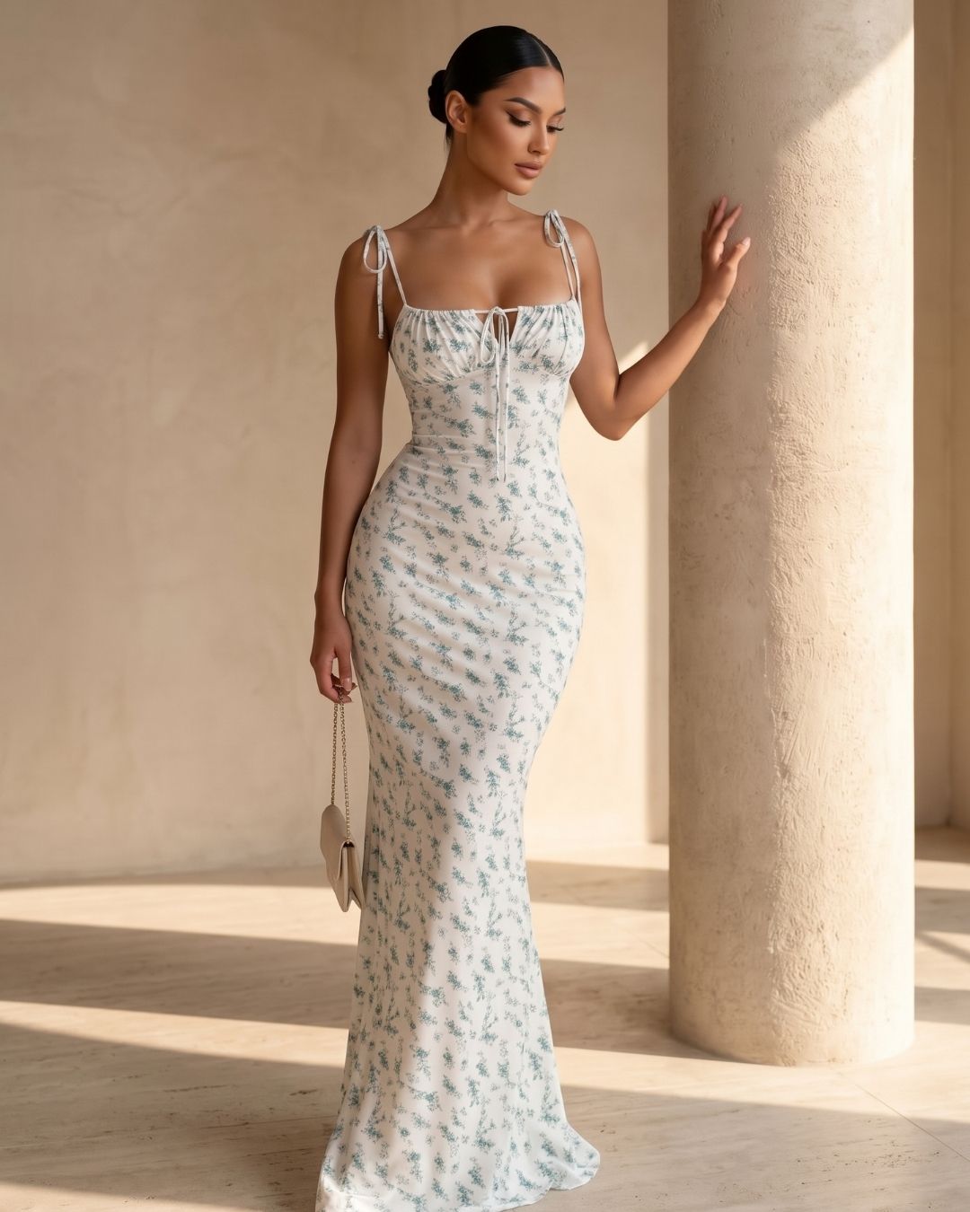 Vestido Midi Floral Com Fenda E Decote Franzido
