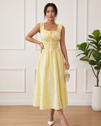 Vestido Midi Evasê Decote Quadrado Com Lastex E Renda