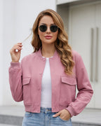 Jaqueta Bomber Cropped Com Bolsos Frontais Utilitária