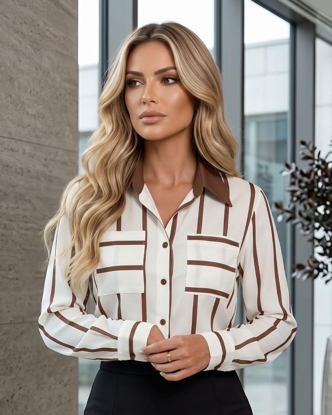 Camisa Feminina Listrada Com Bolsos Frontais Elegante