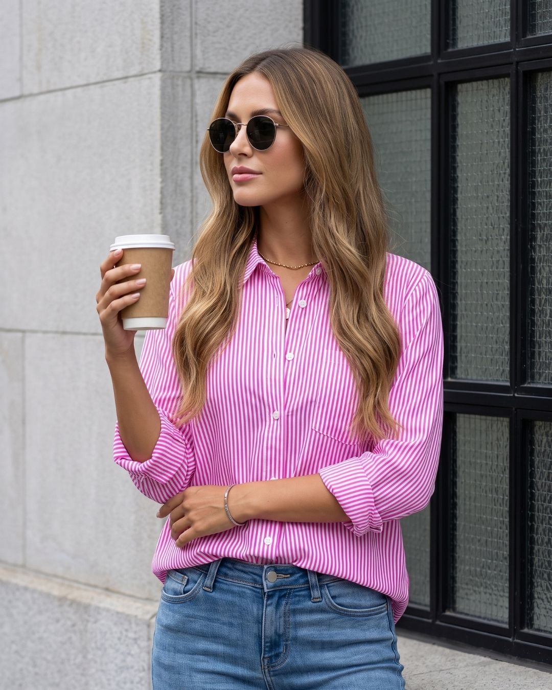 Camisa Feminina Listrada Com Botões E Bolso Frontal