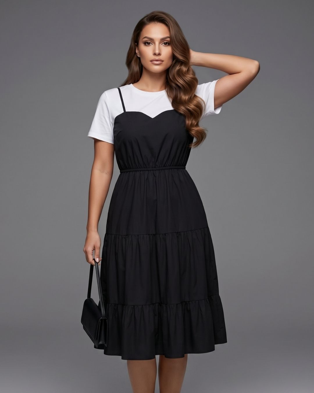 Vestido Midi 2 Em 1 Com Alças E Saia Em Camadas