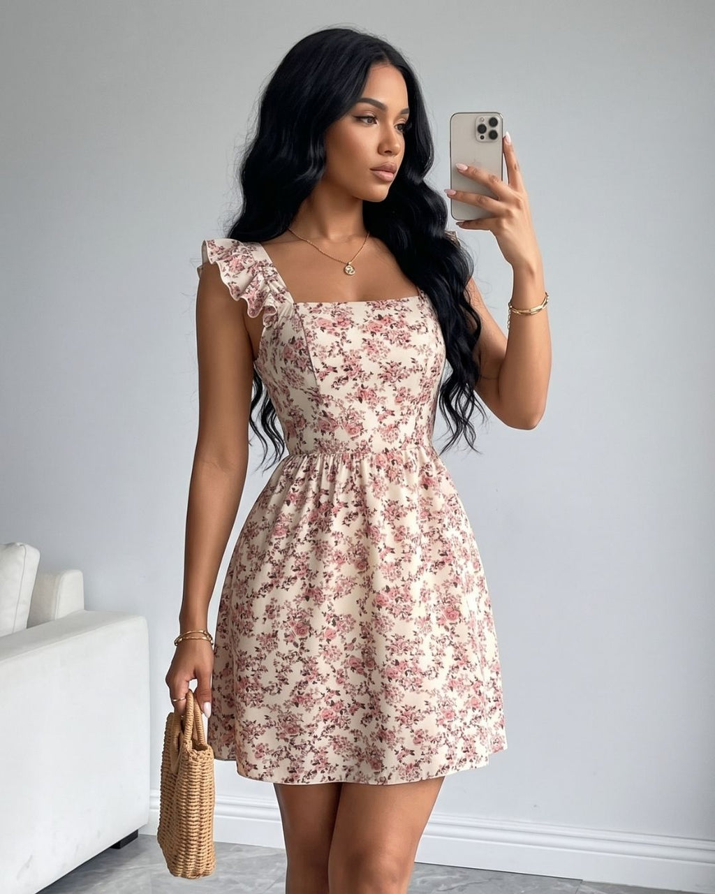 Vestido Curto Floral Com Babados E Amarração Nas Costas