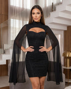 Vestido Curto Justo Com Capa Transparente E Brilho